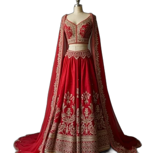 dress, red, embroidered, long, anaya, dupat, mirror, work transparent PNG cut-out