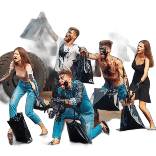 jacket, concept art, city street, blue, five, people, covered, black transparent PNG cut-out