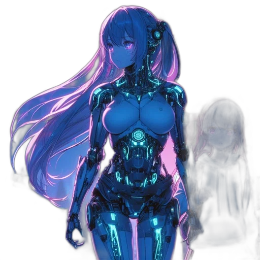 robot, dress, concept art, cyberpunk, 3d render, pixel art, neon lights, outer space transparent PNG cut-out