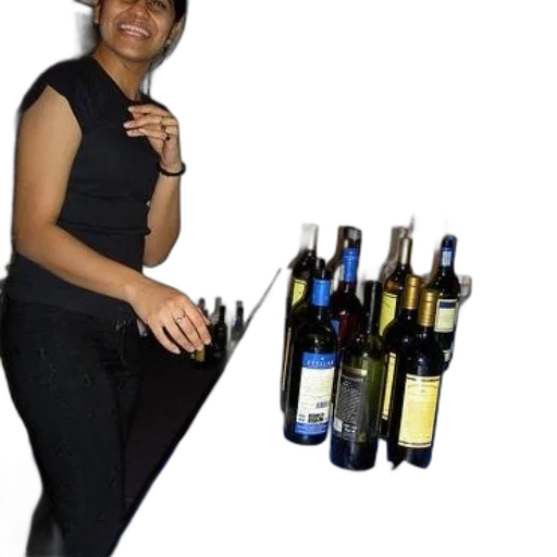 staff, bottle, woman, stands, next, table, several, bottles transparent PNG cut-out