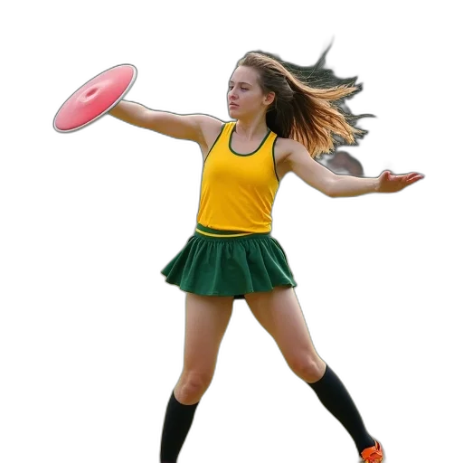 staff, young, woman, middle, throwing, motion, discus, wearing transparent PNG cut-out