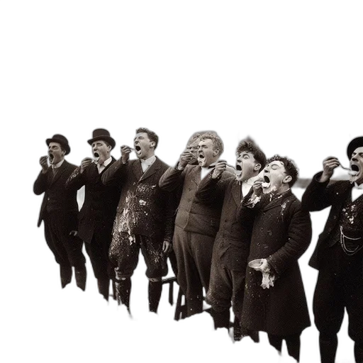 staff, group, formally-attired, men, eat, together, dock, amidst transparent PNG cut-out