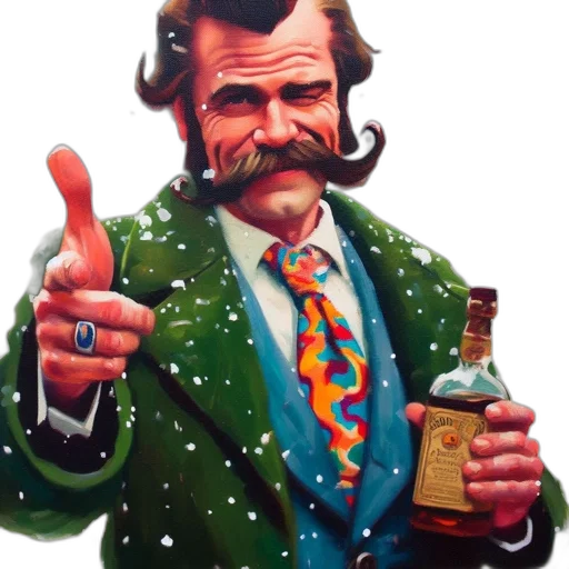 jacket, bottle, face, photorealistic, oil painting, man, bushy, mustache transparent PNG cut-out