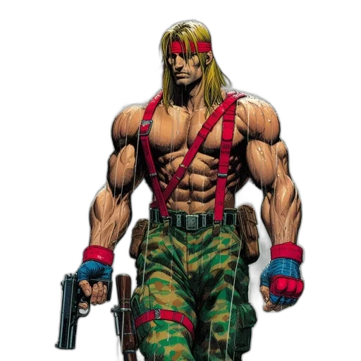weapon, comic book art, concept art, pixel art, cyberpunk, muscular, shirtless, man transparent PNG cut-out
