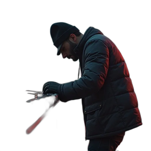 jacket, staff, sword, weapon, concept art, 3d render, cyberpunk, photorealistic transparent PNG cut-out