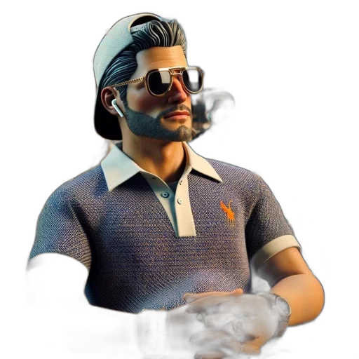 jacket, hat, mask, staff, 3d render, vaporwave, concept art, pixel art transparent PNG cut-out