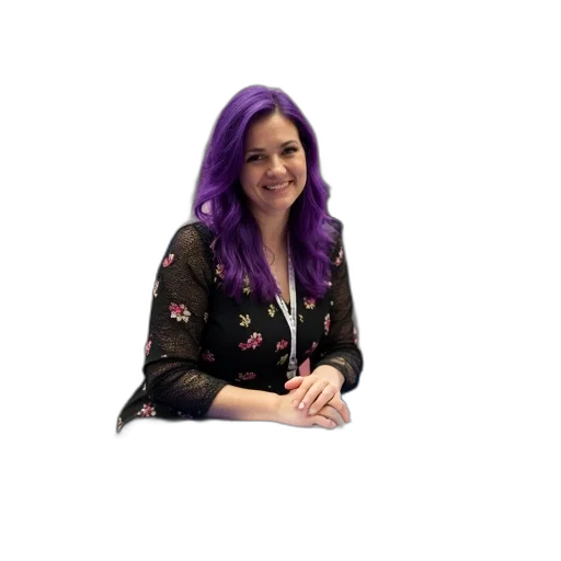 staff, jacket, dress, jewelry, woman, purple, hair, sitting transparent PNG cut-out