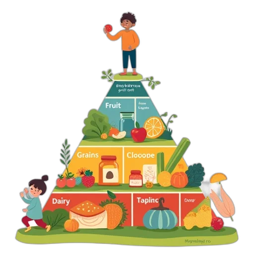 food, colorful, illustration, pyramid, various, items, people, each transparent PNG cut-out