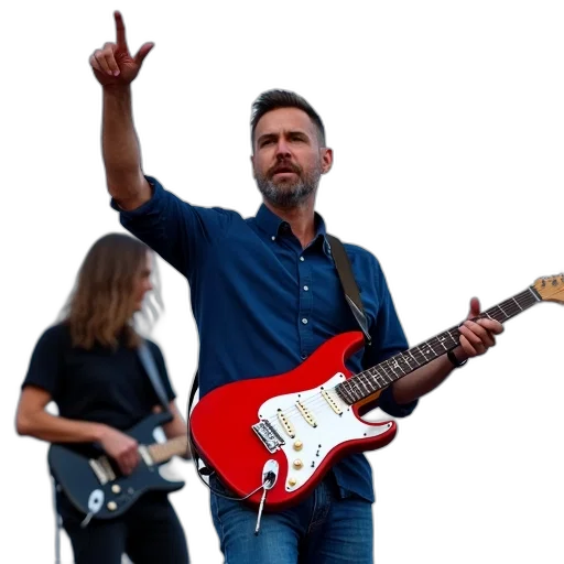 man, short, hair, playing, red, electric, guitar, stage transparent PNG cut-out