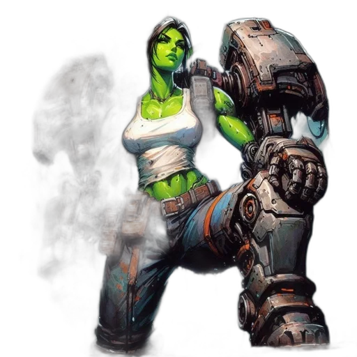 robot, weapon, concept art, fantasy art, comic book art, cyberpunk, green, green-skinned transparent PNG cut-out