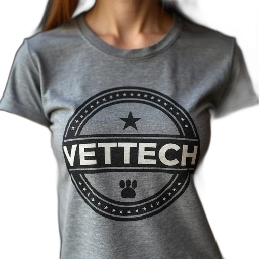 woman, wearing, gray, t-shirt, vintage-style, logo, reads, vettech transparent PNG cut-out