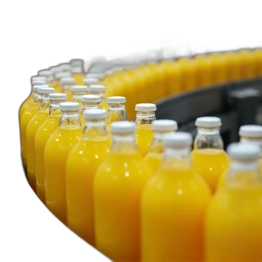 bottle, food, conveyor, belt, filled, numerous, bottles, yellow transparent PNG cut-out
