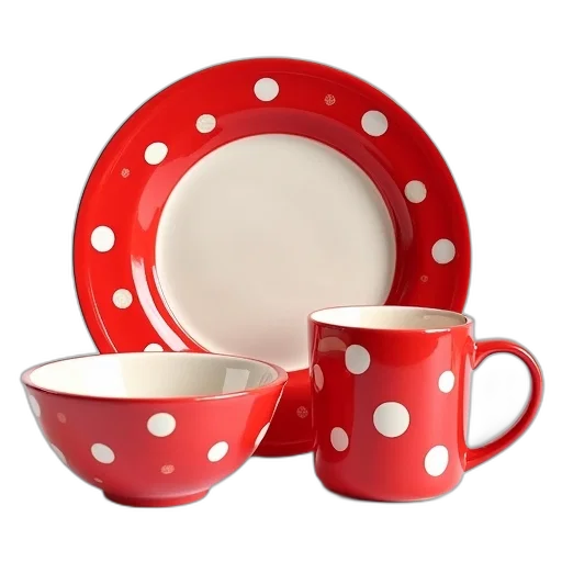 food, 3d render, photorealistic, red, set, white, polka, dot transparent PNG cut-out