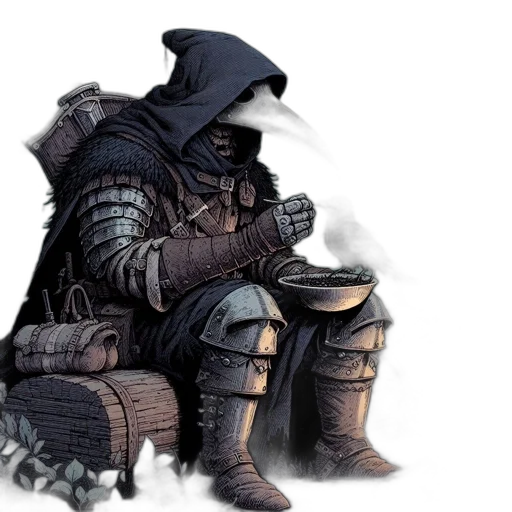 mask, jacket, sword, concept art, fantasy art, comic book art, pixel art, fog transparent PNG cut-out