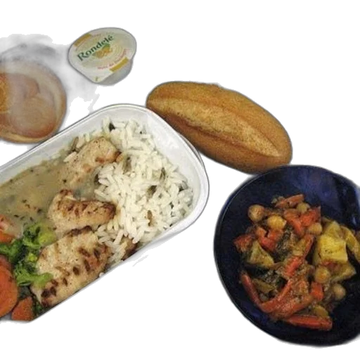 food, meal, tray, includes, rice, vegetables, bread, yogurt transparent PNG cut-out