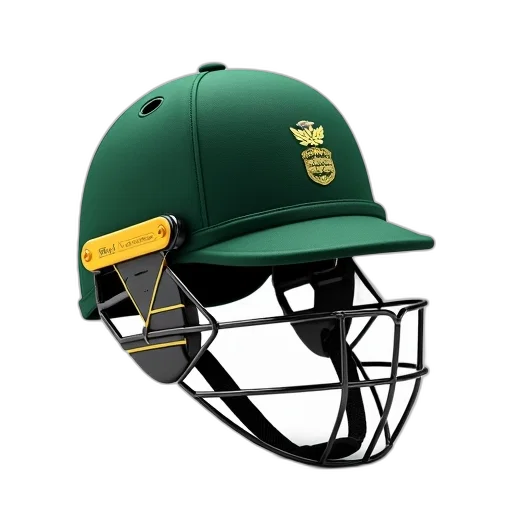 hat, close-up, image, green, cricket, helmet, gold, emblem transparent PNG cut-out