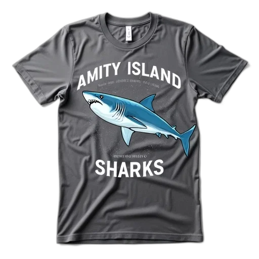 gray, t-shirt, shark, graphic, text, amity, island, sharks transparent PNG cut-out
