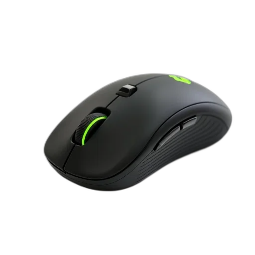 3d render, photorealistic, black, computer, mouse, green, logo, side transparent PNG cut-out