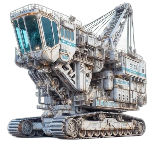 robot, weapon, concept art, 3d render, cyberpunk, crane-vehicle, fusion, depicted transparent PNG cut-out