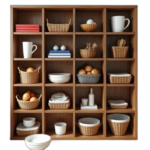 furniture, food, 3d render, photorealistic, earth tones, wooden, shelf, multiple transparent PNG cut-out
