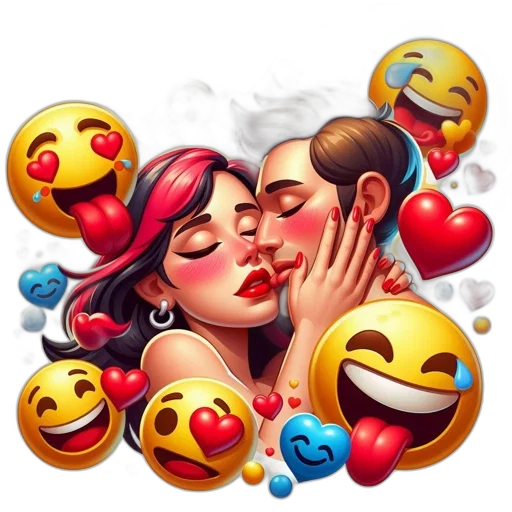 photorealistic, cartoon, man, woman, surrounded, emoticons, heart, symbols transparent PNG cut-out