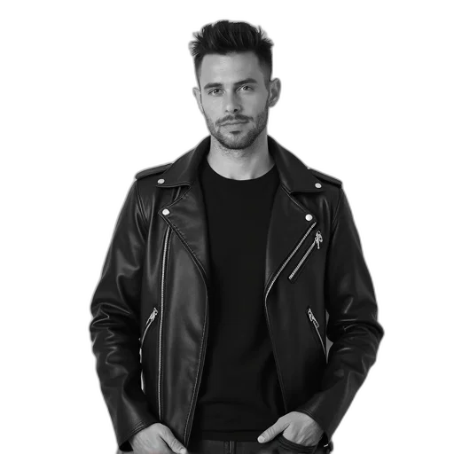 jacket, staff, face, photorealistic, black, white, photograph, man transparent PNG cut-out