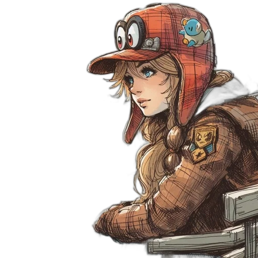 hat, jacket, face, concept art, comic book art, anime, watercolor, earth tones transparent PNG cut-out