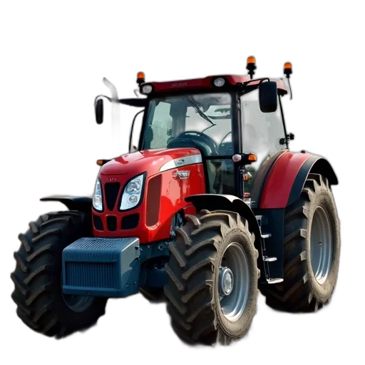 animal, red, tractor, blue, attachment, parked, field, brown transparent PNG cut-out
