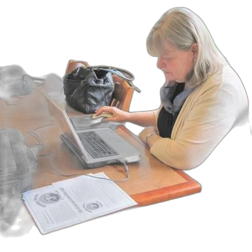 staff, furniture, woman, sits, desk, laptop, papers, bags transparent PNG cut-out