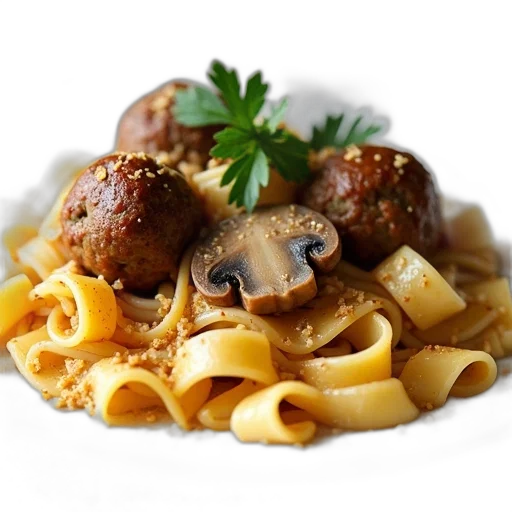 food, animal, photorealistic, 3d render, plate, fettuccine, pasta, meatballs transparent PNG cut-out