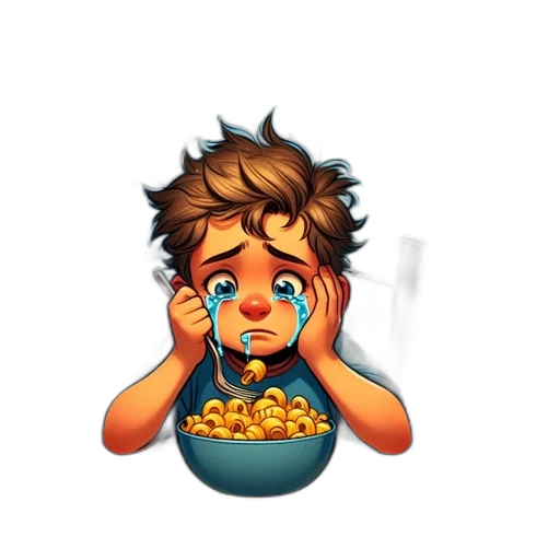 food, pixel art, cartoon, concept art, comic book art, young, boy, cries transparent PNG cut-out