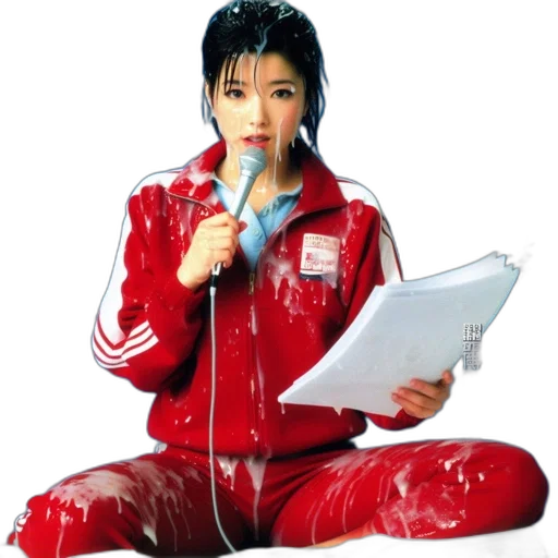 jacket, staff, photorealistic, concept art, vaporwave, oil painting, red, woman transparent PNG cut-out