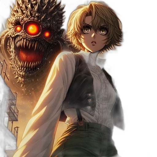 mask, creature, concept art, comic book art, fantasy art, anime, fire, female transparent PNG cut-out