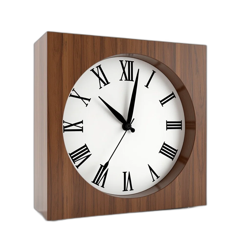 3d render, photorealistic, wooden, clock, brown, frame, white, face transparent PNG cut-out