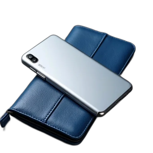 blue, silver, huawei, smartphone, case, placed, leather, wallet transparent PNG cut-out