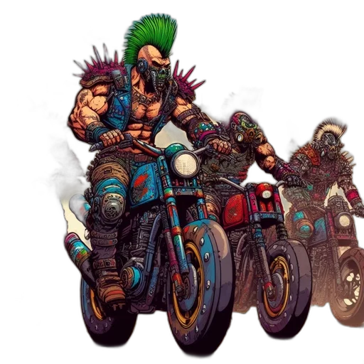 weapon, concept art, cyberpunk, comic book art, pixel art, post-apocalyptic, bikers, heavily transparent PNG cut-out