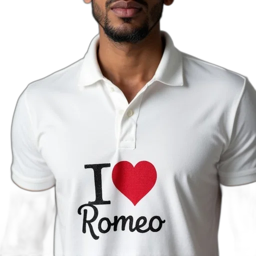 photorealistic, man, wearing, white, polo, shirt, graphic, reads transparent PNG cut-out