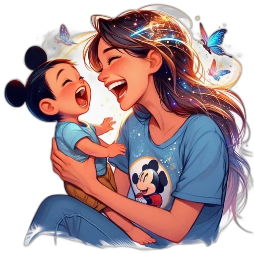 cartoon, photorealistic, concept art, anime, blue, mother, her, child transparent PNG cut-out