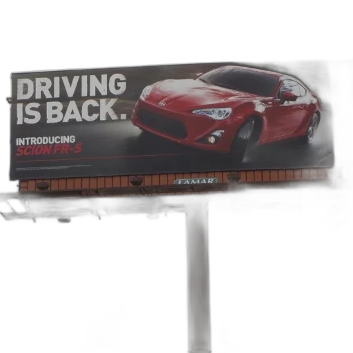 car, 3d render, billboard, scion, fr-s, features, red, text transparent PNG cut-out