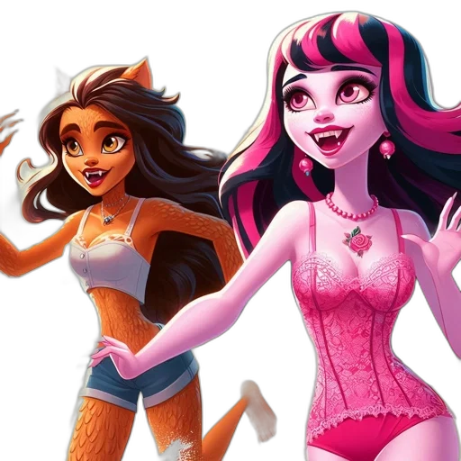 concept art, comic book art, fantasy art, cartoon, two, animated, females, different transparent PNG cut-out