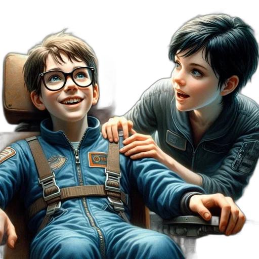 comic book art, concept art, photorealistic, fantasy art, outer space, two, characters, young transparent PNG cut-out