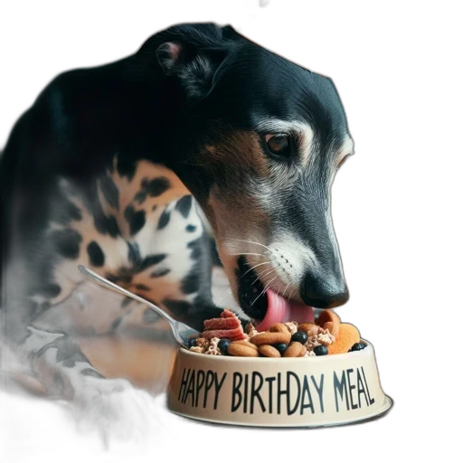 dog, festive, hat, eats, labeled, birthday, meal, cozy transparent PNG cut-out