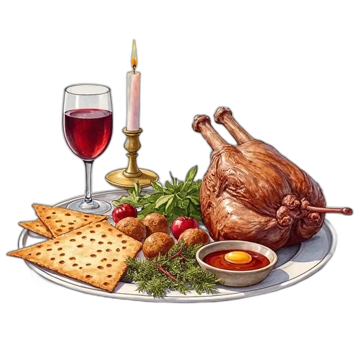 food, photorealistic, watercolor, painting, traditional, jewish, seder, plate transparent PNG cut-out