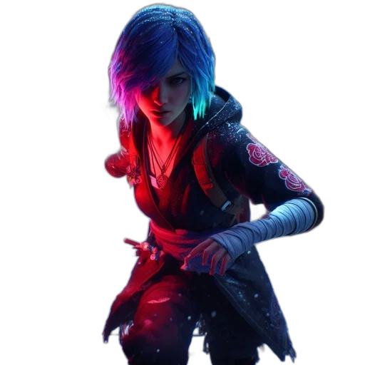 jacket, staff, weapon, face, cyberpunk, concept art, fantasy art, pixel art transparent PNG cut-out