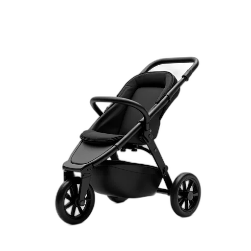 3d render, black, modern, three-wheeled, stroller, sleek, design, seat transparent PNG cut-out