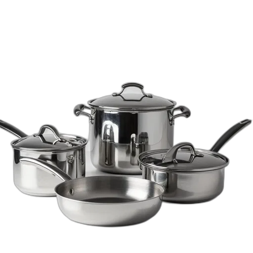 food, 3d render, six, pieces, stainless, steel, pots, pans transparent PNG cut-out