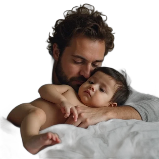 photorealistic, father, son, bed transparent PNG cut-out