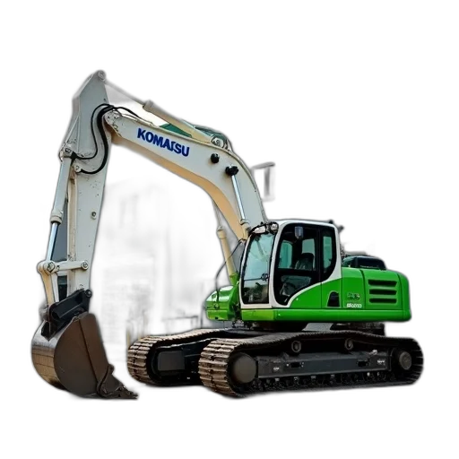 robot, weapon, 3d render, green, white, komatsu, excavator, parked transparent PNG cut-out