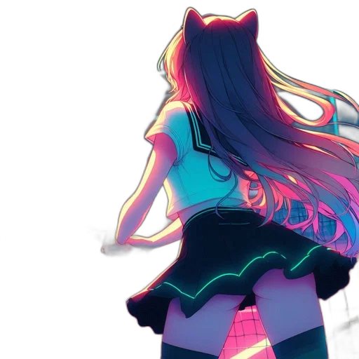 dress, hair, jacket, anime, concept art, cyberpunk, vaporwave, neon lights transparent PNG cut-out