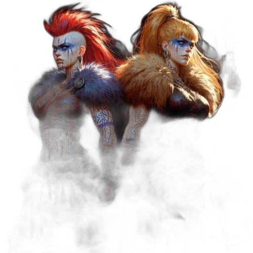 mask, hair, concept art, fantasy art, comic book art, pixel art, two, warriors transparent PNG cut-out